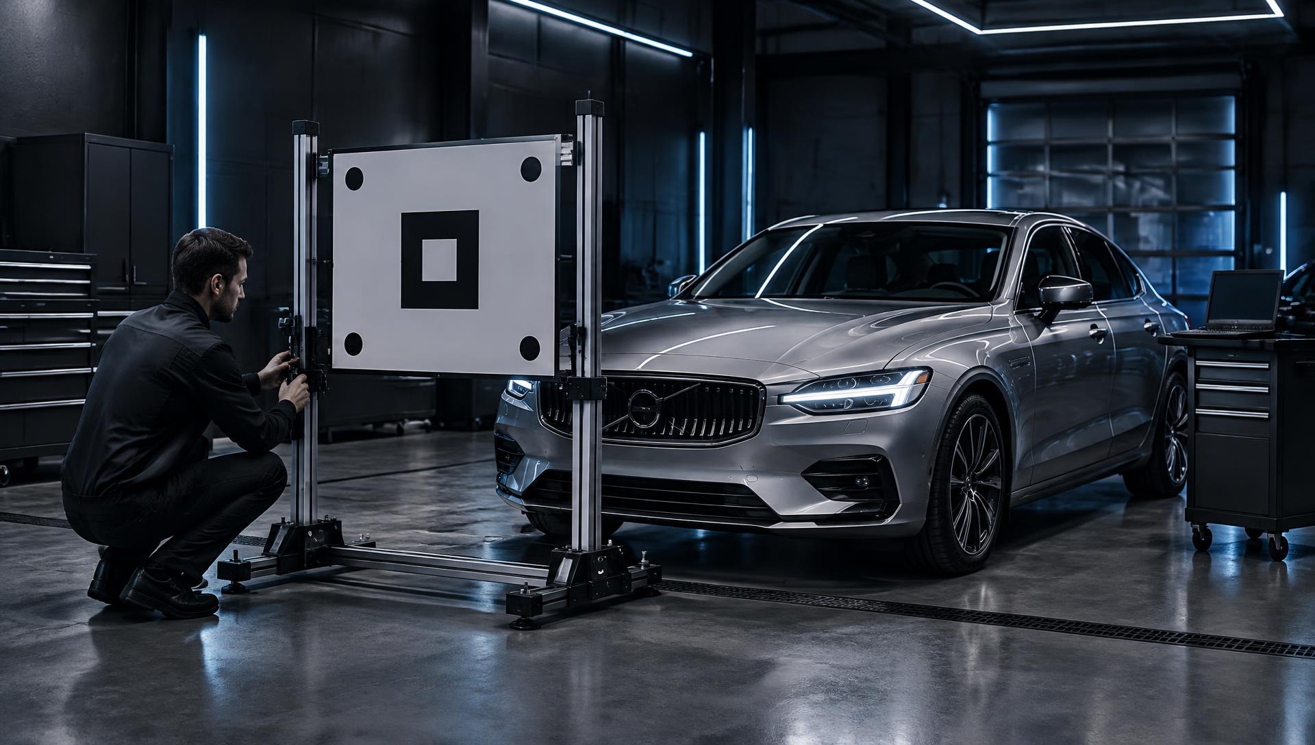 Technician performing an ADAS calibration on a vehicle in a repair facility
